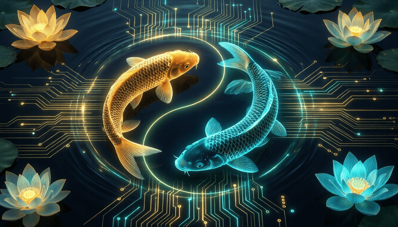 Two koi fish, one gold and one teal, circling in a yin-yang over a glowing circuit-board pond framed by lotus flowers — two specialists in balance.