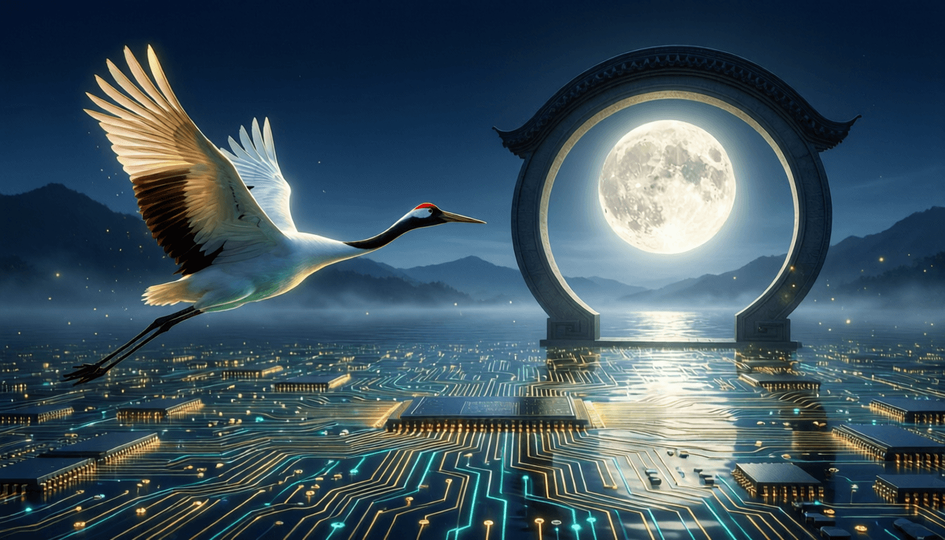 A red-crowned crane in flight toward a glowing Chinese moon gate over a circuit-board pond at night — an invitation to reach out.