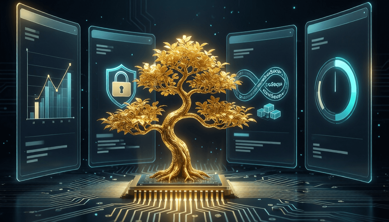 A golden bonsai tree with gold leaves growing from a glowing circuit-board base, surrounded by floating holographic panels for data analytics, cybersecurity, and DevSecOps, in teal and gold.