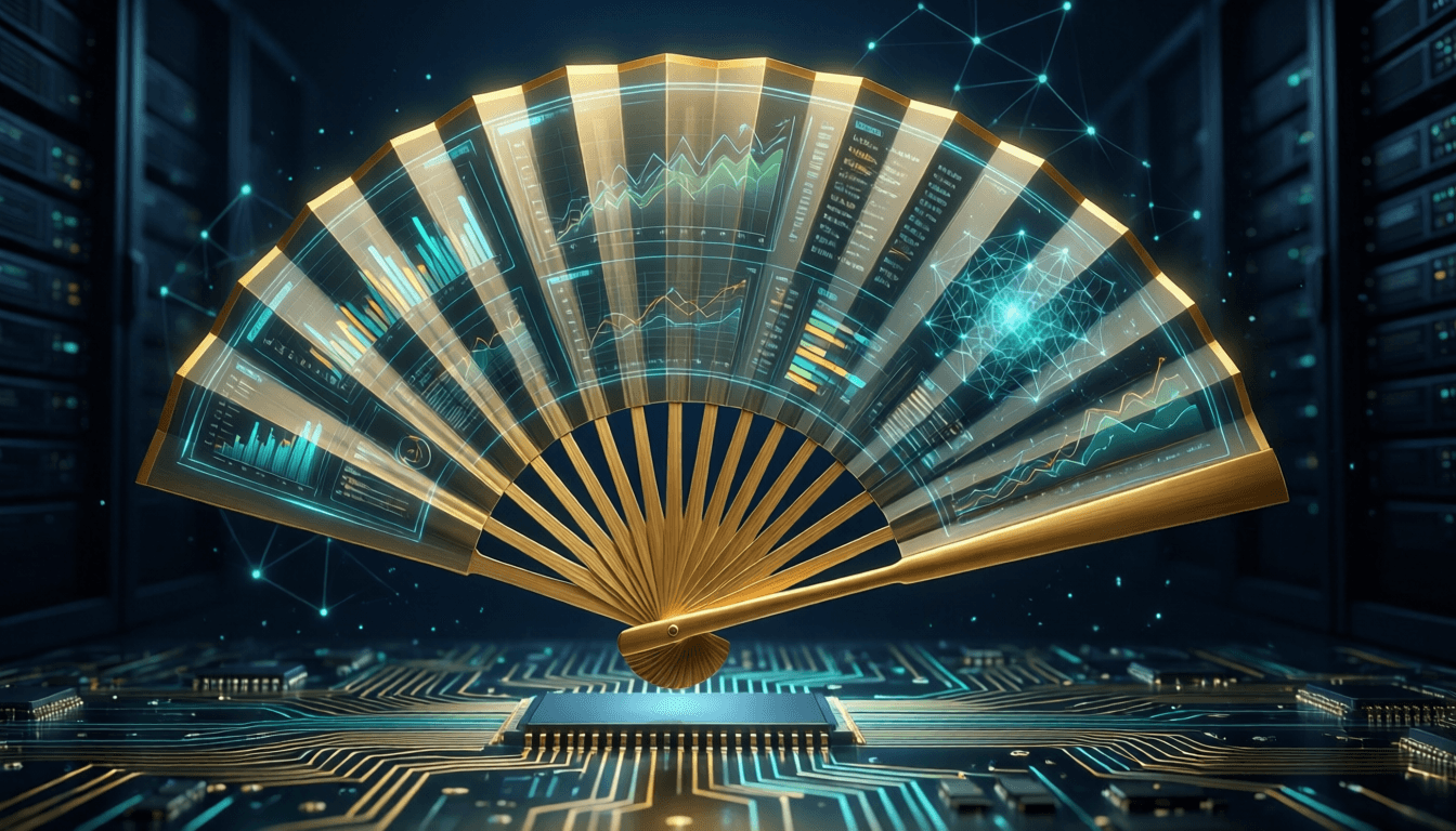 A golden folding fan opened wide, its blades formed from glowing holographic dashboards with charts and a network map, hovering over a glowing circuit-board floor, in teal and gold.