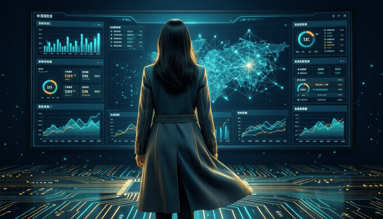 An analyst in a long coat, seen from behind, studying a wall of glowing security dashboards — charts, KPIs, and a network threat map — while standing on a glowing circuit-board floor, in teal and gold.